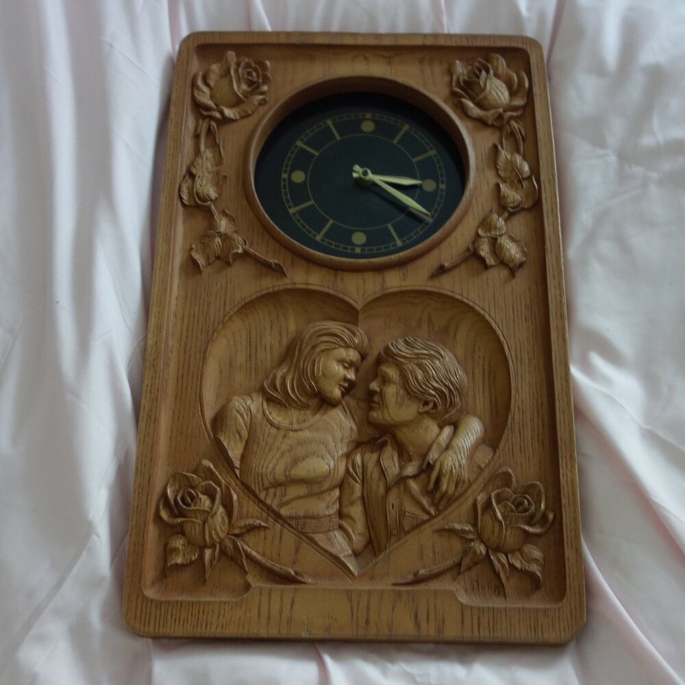 Vintage Wooden Plaque Clock featuring 3D Carvings of a Couple within a Heart